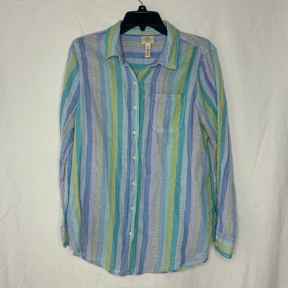 St John's Bay Multicolor Striped Button Down Tunic Shirt, Petite Large (PL)